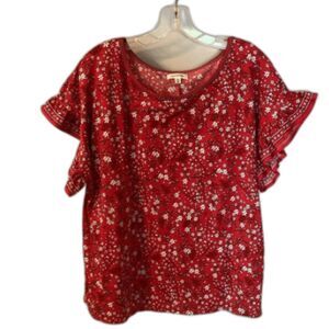 MAX STUDIO SIZE LARGE RED FLORAL BOHO FLUTTER SLEEVE RELAXED TOP